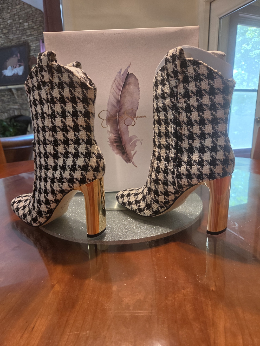 Jessica Simpson Black-and-White Houndstooth Ankle Boots with Gold Block Heel NIB